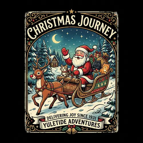 Vintage Twilight Scene with Reindeer, Jolly Figure, and Cats