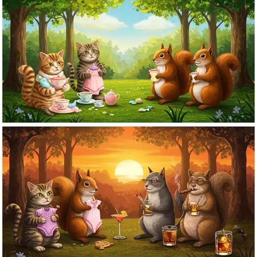 Whimsical Forest Creatures: Day vs. Night