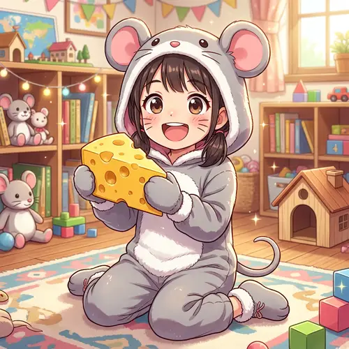 Cute Mouse Girl with Swiss Cheese - Anime Style