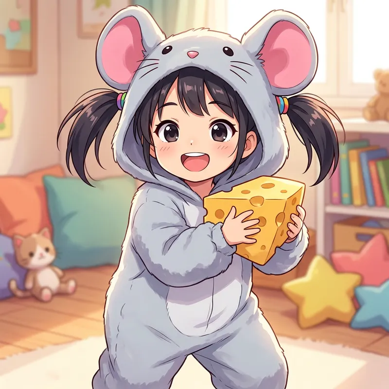 Anime Girl in Cute Mouse Costume with Cheese - Asian Style