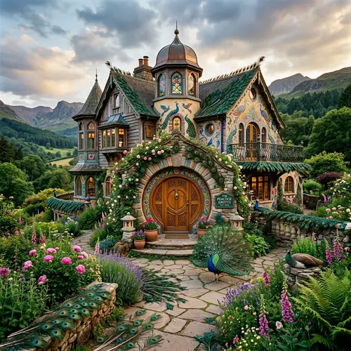 Unique Large House with Peacock Feathers and Circular Door