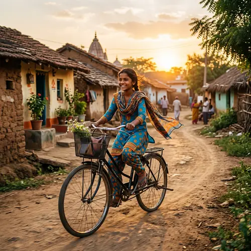 Joyful Indian Girl Biking Through Her Village