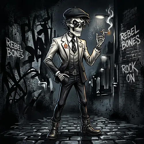 Rebellious Cartoon Skeleton in Tailored Suit Art