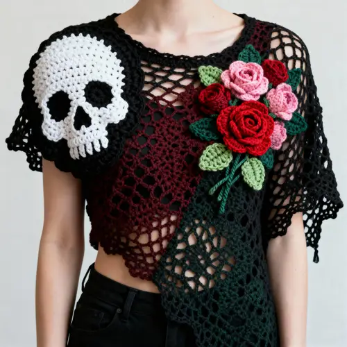 Asymmetrical Crochet Shirt Pattern with Skulls & Roses