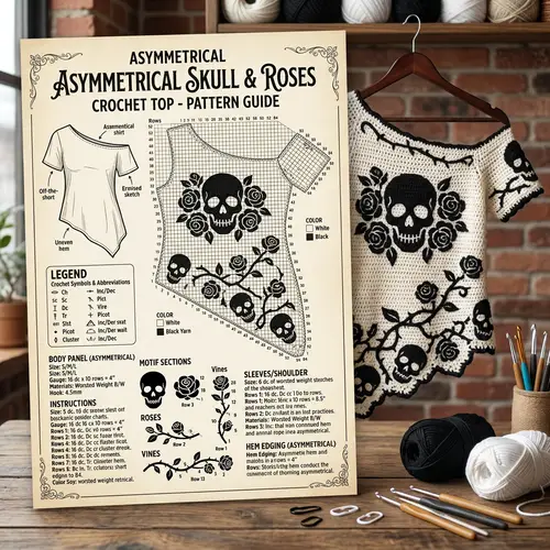 Asymmetrical Crochet Shirt Pattern with Skulls & Roses