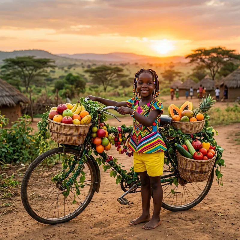 Vibrant African Child with Bicycle Fruit Art