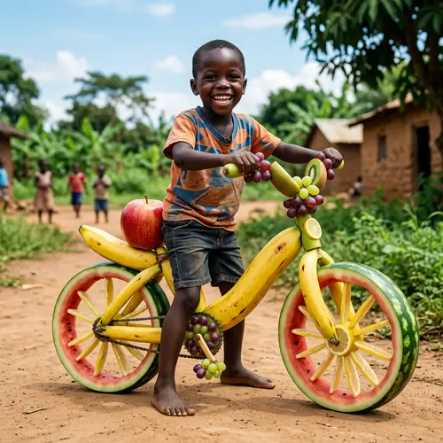 African Child with Unique Fruit Bicycle - Imaginative and Colorful