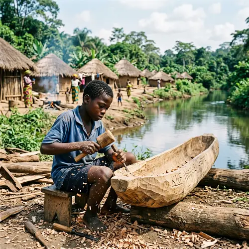 African Child Constructing Wooden Canoe in Isolated Village