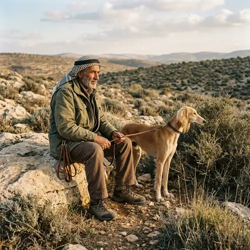 Elderly Middle-Eastern Man Fishing with Saluki Dog in Wilderness