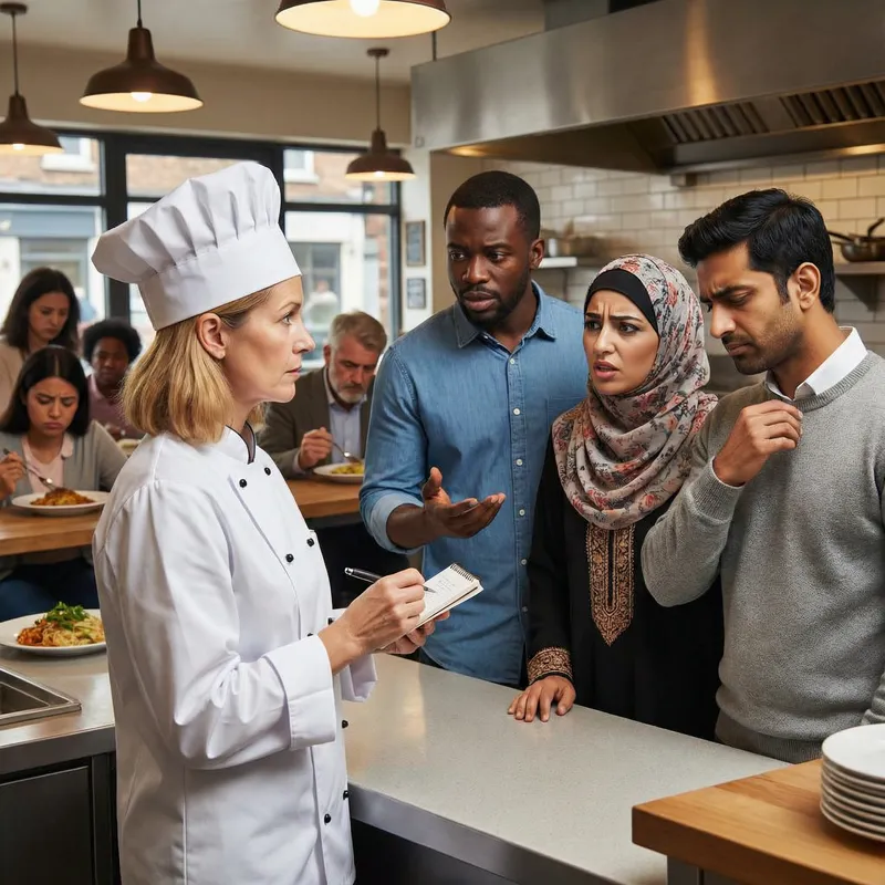 Chef Handling Customer Complaints: Diverse Scene in Busy Restaurant