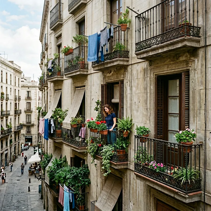 Old Apartment Building Facade with Balconies & Young Woman