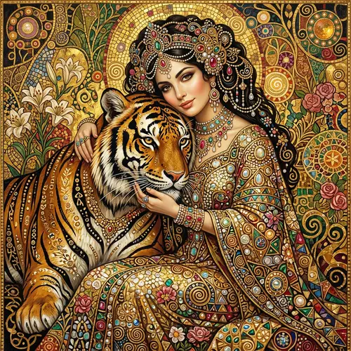 Woman with Tiger Painting Inspired by Klimt