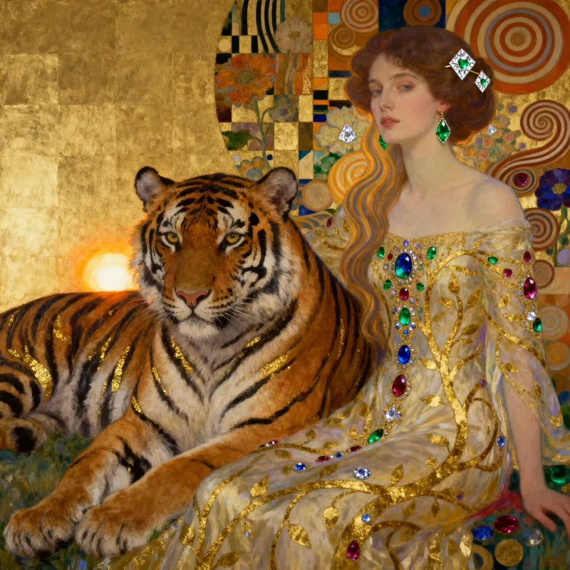 Woman with Tiger Painting Inspired by Klimt