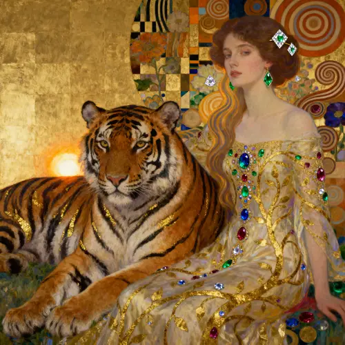 Woman with Tiger Painting Inspired by Klimt