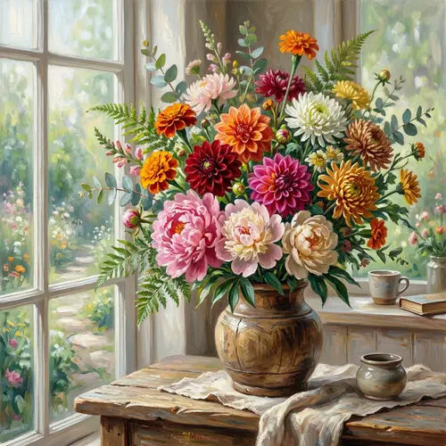 Impressionist Seasonal Flower Bouquet Still Life