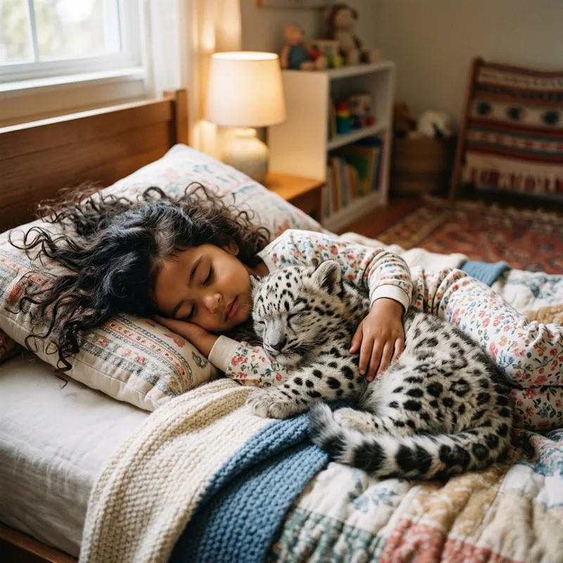 Peaceful Nap: Little Girl Sleeping with Sleeping Baby Snow Leopard