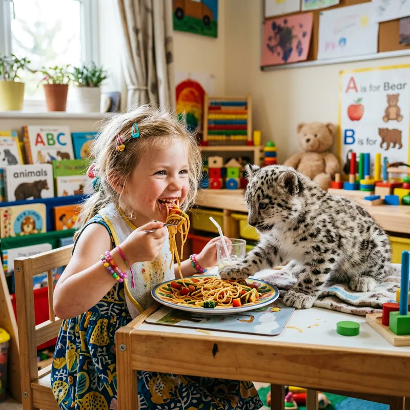 Adorable Moment: Little Girl Sharing Meal with Baby Snow Leopard