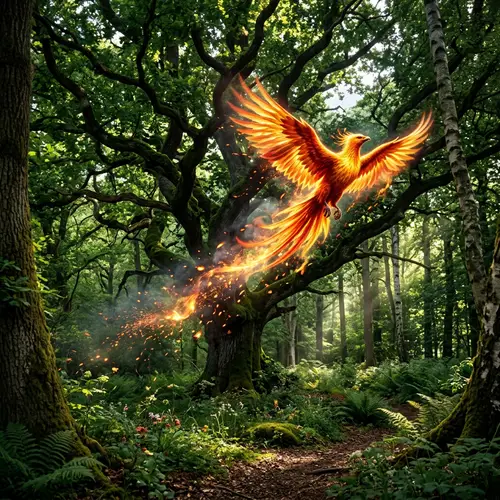 Serene Forest with Phoenix | Tranquil Woodland Scene