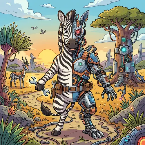 Biomechanical Zebra Cartoon | Unique Cyborg Animal Drawing