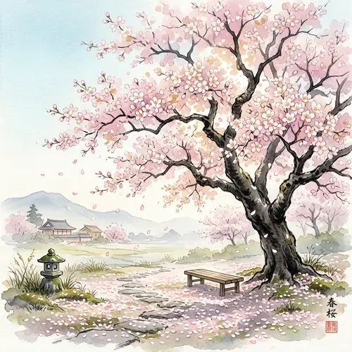 Cherry Blossom Tree - Traditional Japanese Watercolor Art