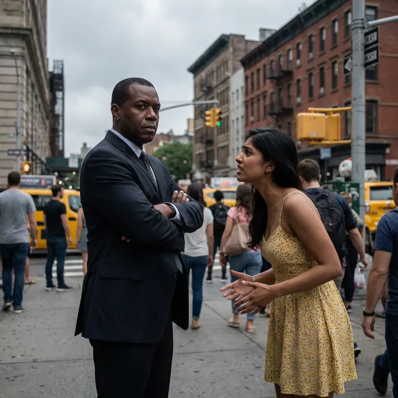 Intense Confrontation in City Street | Tension Between Black Man and South Asian Woman