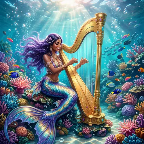 South Asian Mermaid Playing Golden Harp in Dreamlike Underwater Scene