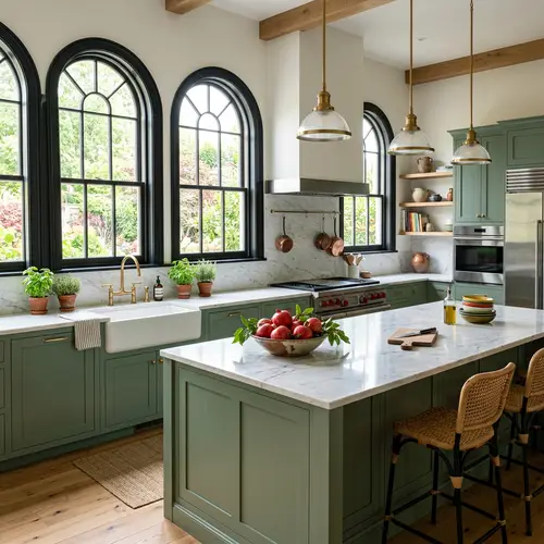 Spacious Kitchen with Green Cabinets and White Marble Countertops