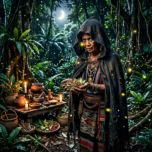 Filipino Witch in Traditional Attire Performing Herbal Magic