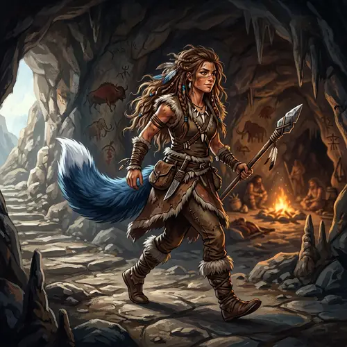 Brown Haired Cave Woman with Blue Fox Tail - Digital Art