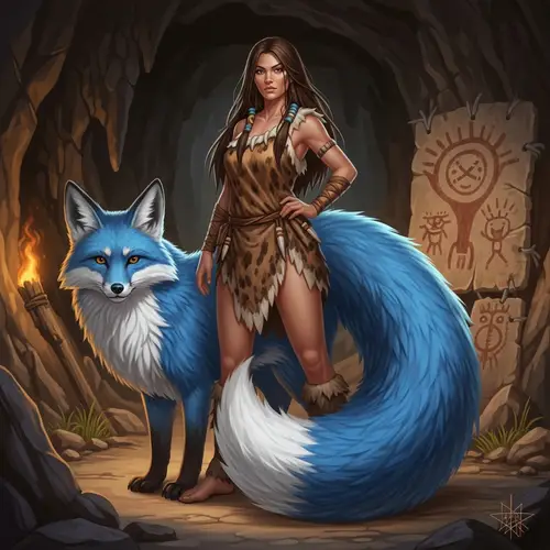 Brown Haired Cave Woman with Blue Fox Tail - Digital Art
