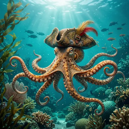 Octopus Wearing Pirate Hat in Teal Ocean Depths