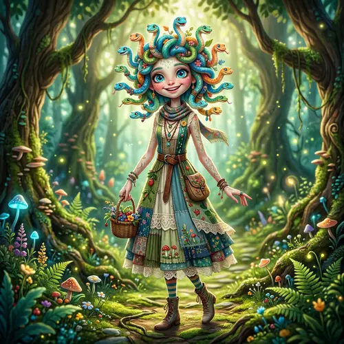 Whimsical Medusa-Like Monster with Blue Eyes
