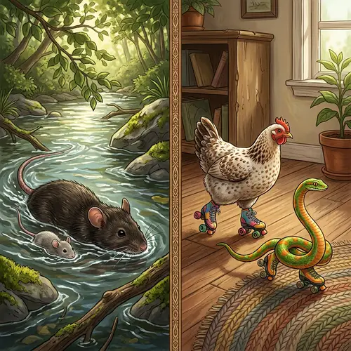 Large and Small Mice Swimming, Chicken and Snake Roller Skating