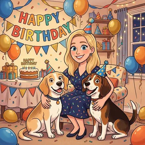 Animated Blonde Woman with Two Beagles - Happy Birthday Celebration