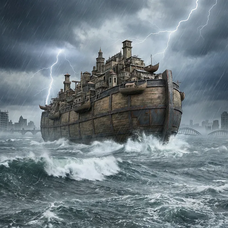 Apocalyptic Noah's Ark Cityscape in Storm | Unique Artwork