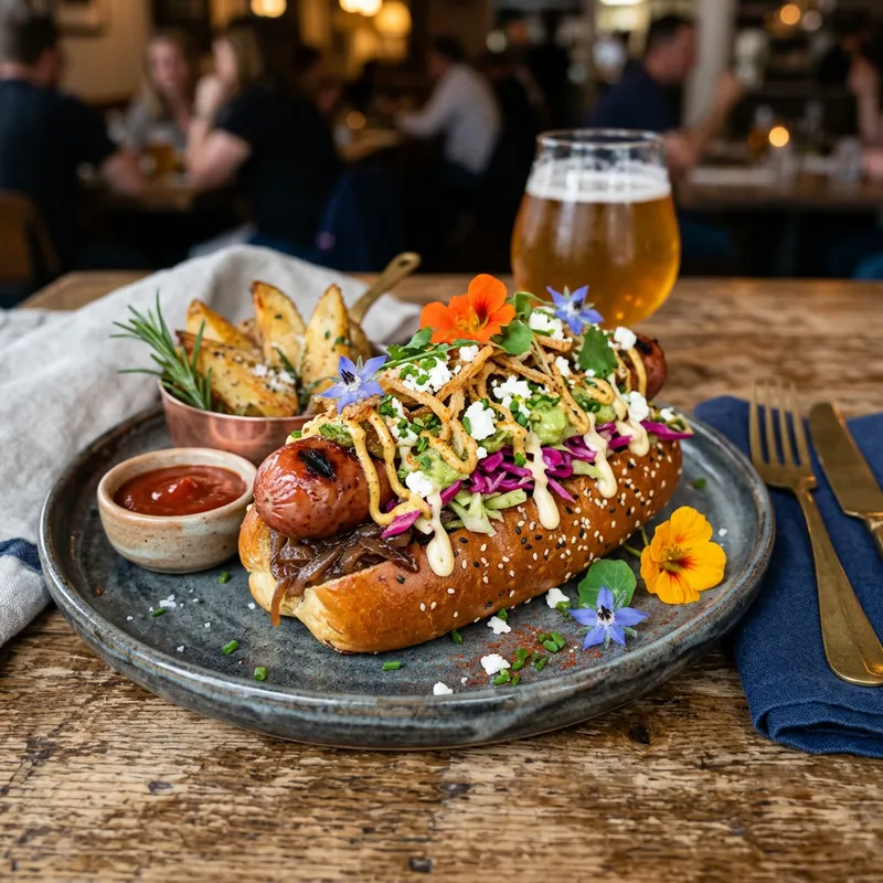 Realistic Creative Hot Dog Presentation for Culinary Visuals