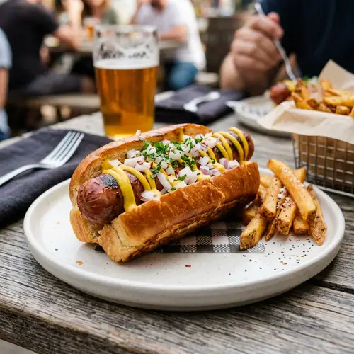 Perfectly Roasted Hot Dog Presentation with Mustard and Onions