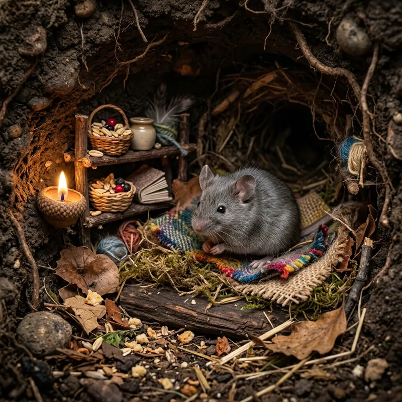 Small Gray Mouse in Dark House