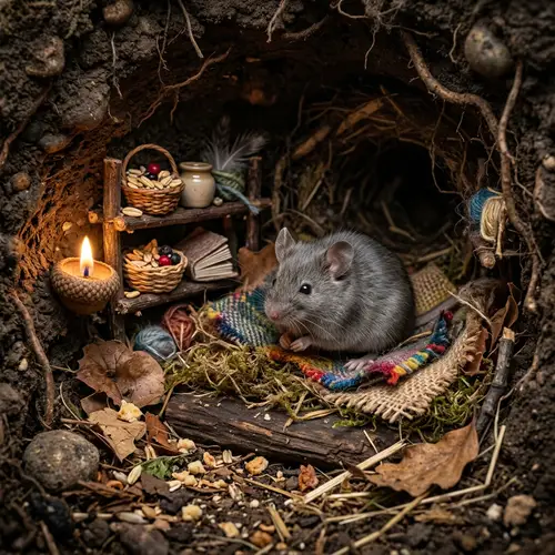 Small Gray Mouse in Dark House