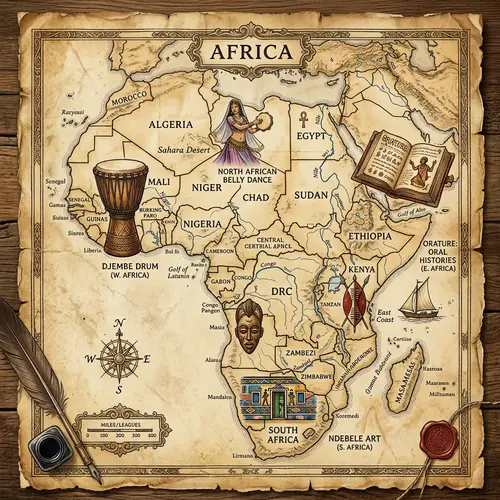 Antique Map of Africa with Country Boundaries and Cultural Symbols