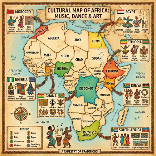 Explore African Cultures: Map Highlighting Countries and Cultural Symbols