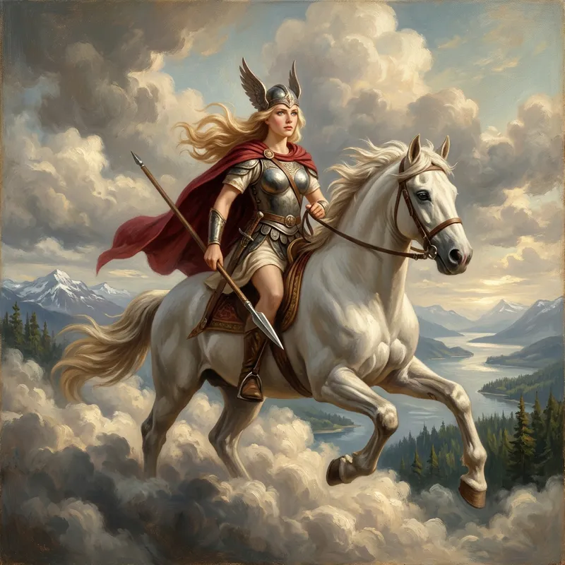 Ethereal Valkyrie Riding Her White Horse Above Clouds - Oil Painting Masterpiece Ethereal Valkyrie Riding Her White Horse Above Clouds - Oil Painting Masterpiece