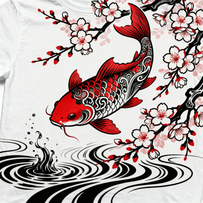 Japanese Koi Fish T-Shirt Design with Cherry Blossoms