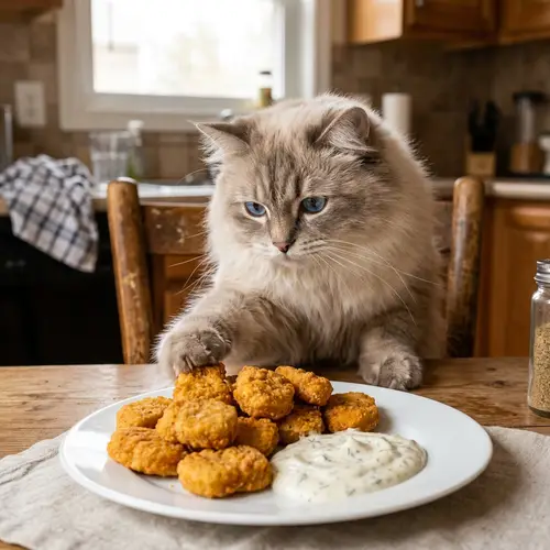 Adorable Cat Enjoying Chicken Nuggets with Extra Ranch