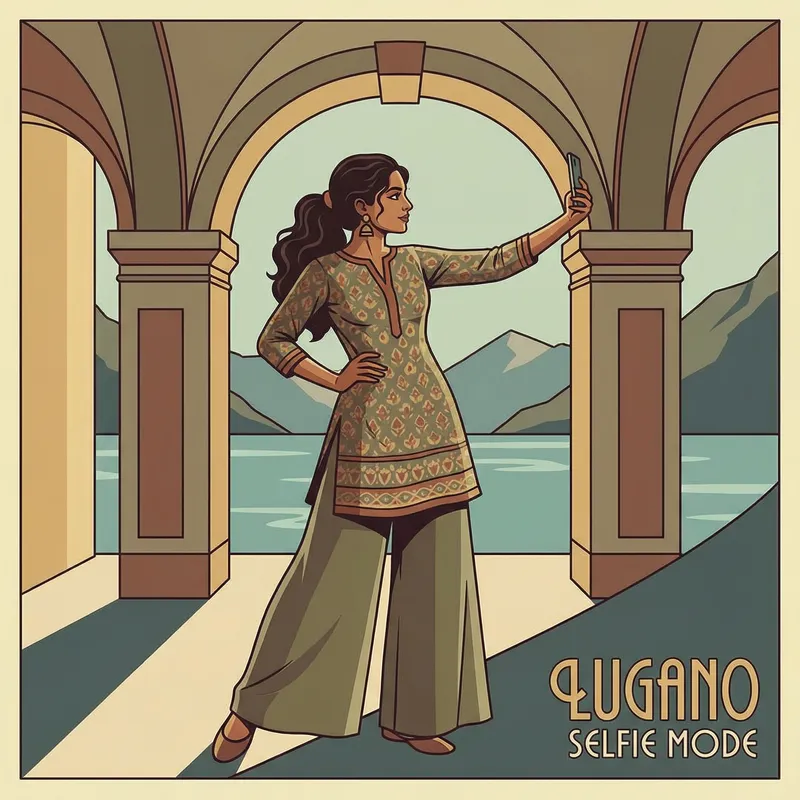 Elegant South Asian Woman Full-Body Selfie Pose in Lugano Style