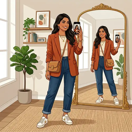 Stylish South Asian Woman Full-Body Selfie | Contemporary Outfit