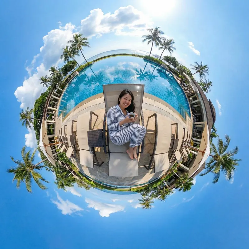 Capturing Tiny Planet Photography Technique with Beautiful Asian Woman by Pool