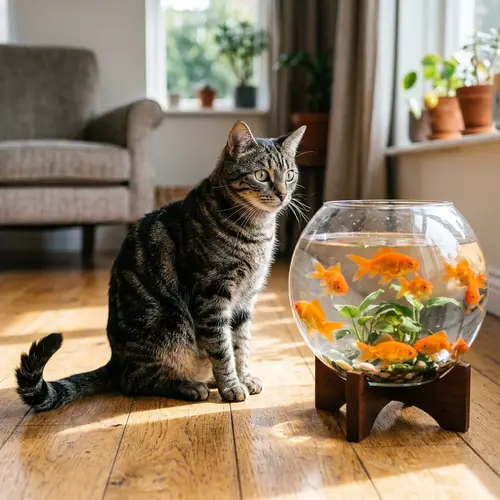 Cat admiring goldfish indoors - Scenic Encounter
