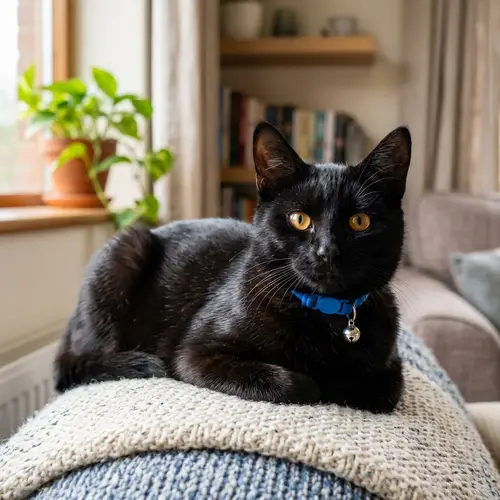 Midnight Black Domestic Cat with Blue Collar and Jingling Bell