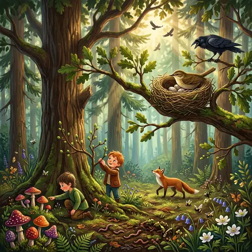 Enchanting Forest Scene with Nest, Birds, and Children